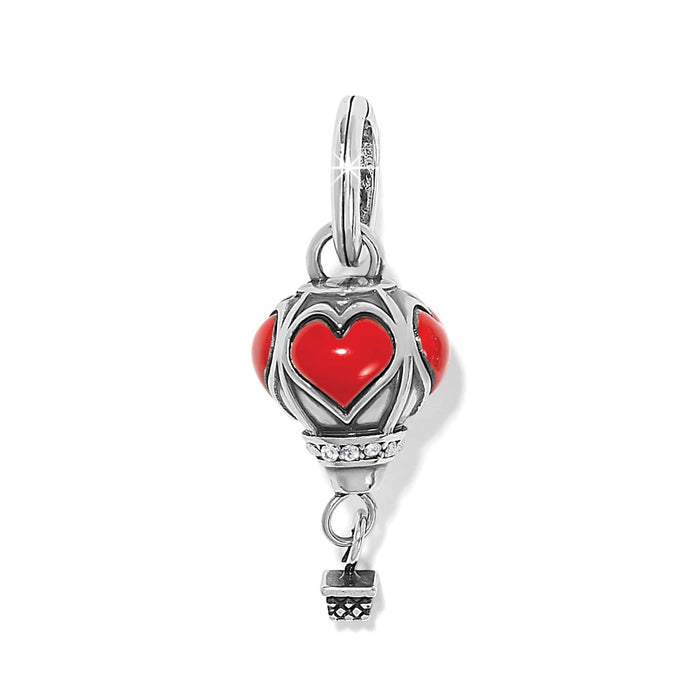 Brighton hot air balloon charm with red enamel hearts, crystal accents, and silver-plated finish on a white background