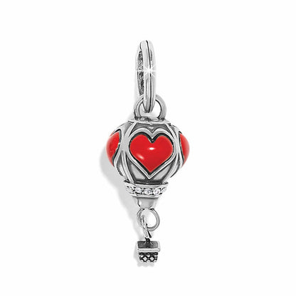 Brighton hot air balloon charm with red enamel hearts, crystal accents, and silver-plated finish on a white background