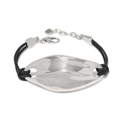 Brighton bracelet with silver-plated wavy oval centerpiece and black cord band with lobster clasp on a white background