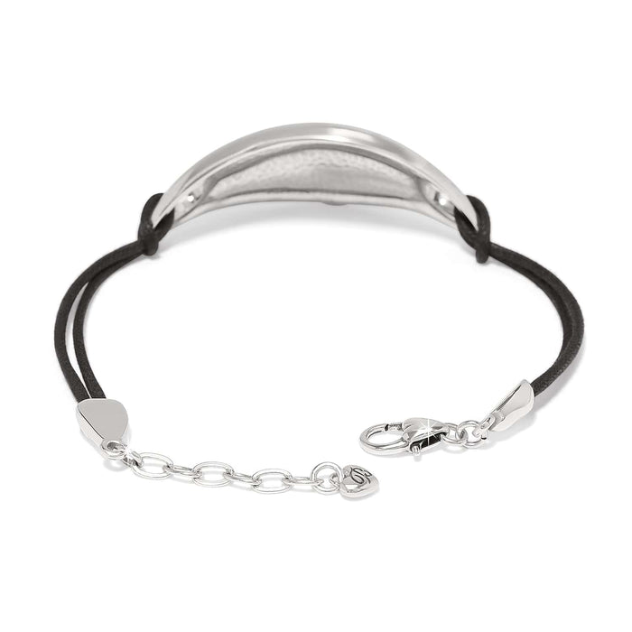 Brighton bracelet shown from the back with silver-plated curved bar, black cord, and lobster clasp on a white background