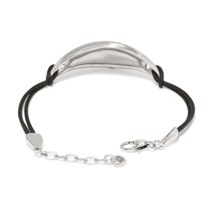 Brighton bracelet shown from the back with silver-plated curved bar, black cord, and lobster clasp on a white background