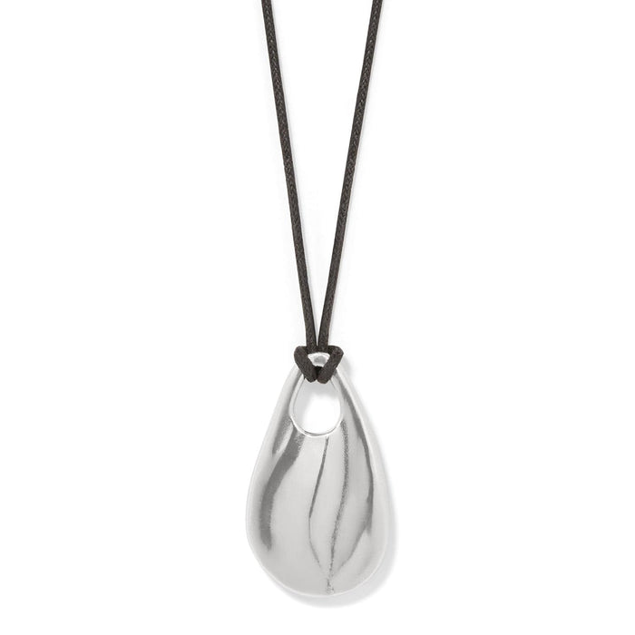 Brighton pendant necklace with silver-plated teardrop pendant and black cord on a white background