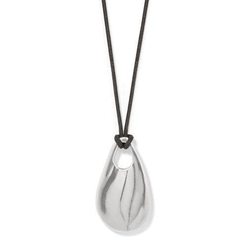 Brighton pendant necklace with silver-plated teardrop pendant and black cord on a white background