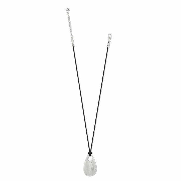 Brighton pendant necklace with silver-plated teardrop pendant on black cord with extender chain on a white background