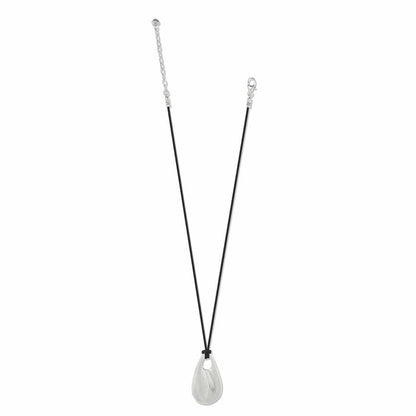Brighton pendant necklace with silver-plated teardrop pendant on black cord with extender chain on a white background