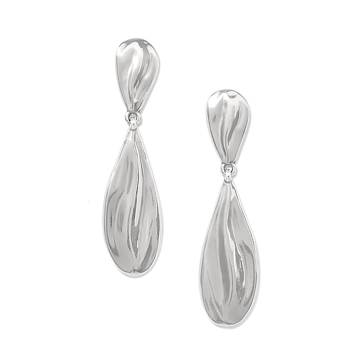 Brighton drop earrings with elongated silver-plated teardrop shapes and sculpted swirl texture on a white background