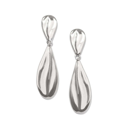 Brighton teardrop earrings with elongated silver-plated dangles and sculpted polished surfaces on a white background
