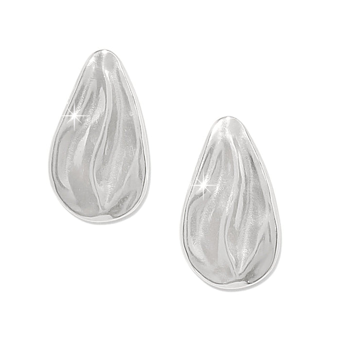 Brighton silver-plated teardrop stud earrings with sculpted wave texture and polished finish on a white background