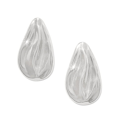 Brighton silver-plated teardrop stud earrings with sculpted wave texture and polished finish on a white background