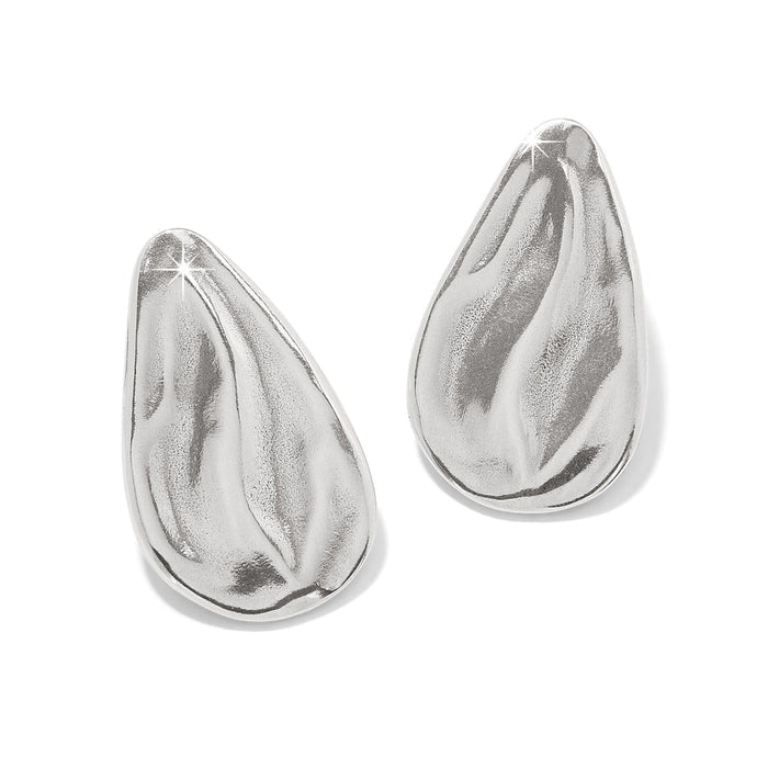 Brighton teardrop earrings with silver-plated sculpted finish and rippled organic texture on a white background