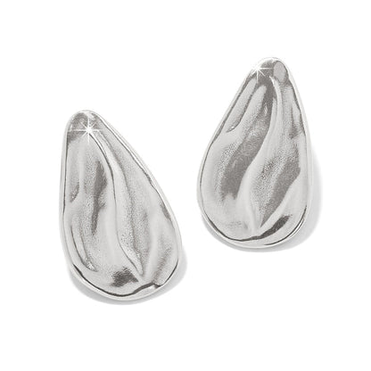 Brighton teardrop earrings with silver-plated sculpted finish and rippled organic texture on a white background