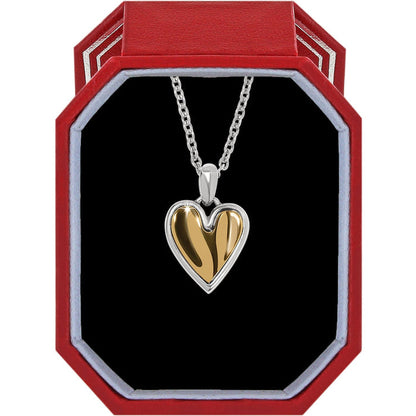 Brighton heart pendant necklace with two-tone gold and silver finish displayed in a red gift box