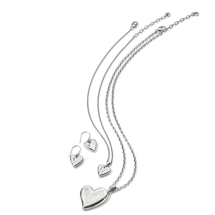 Brighton heart pendant necklaces in two sizes with matching heart drop earrings in silver-tone finish on a white background
