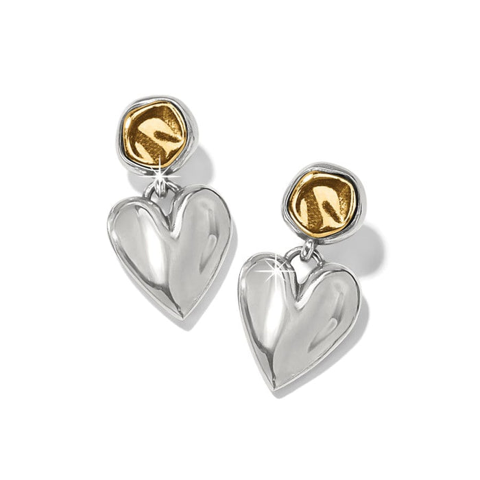Brighton heart stud earrings with gold-tone centers framed by silver-tone polished borders on a white background