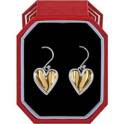 Brighton heart drop earrings with two-tone gold and silver finish displayed in a red gift box