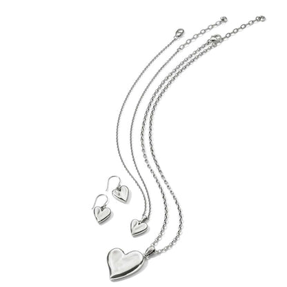 Brighton heart pendant necklaces in two sizes with matching heart drop earrings in silver-tone finish on a white background