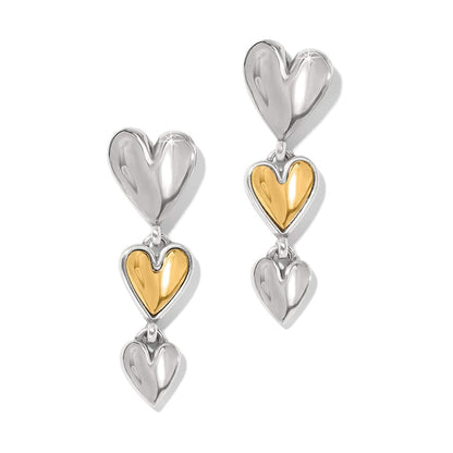 Brighton drop earrings with three tiered hearts in silver-tone and gold-tone two-tone finish on a white background
