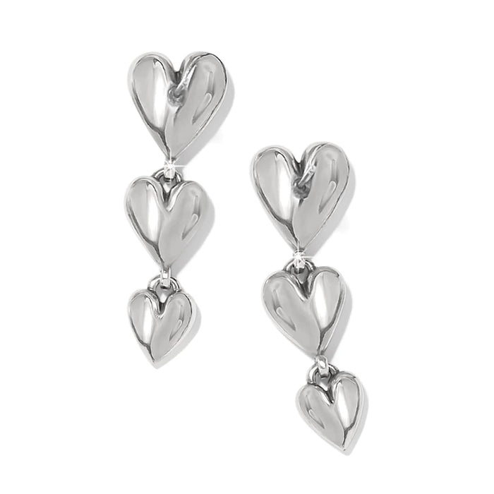Brighton drop earrings with three graduated polished silver-tone heart charms cascading on a white background