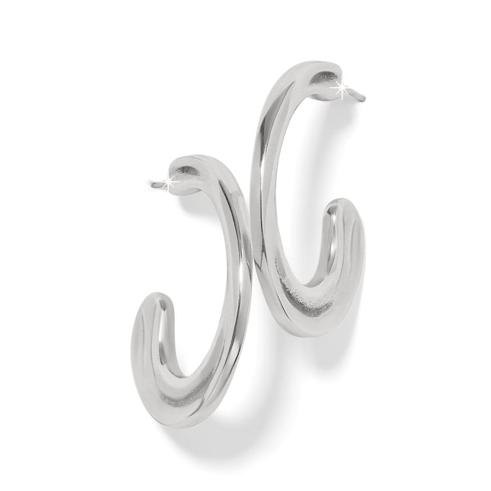 Brighton hoop earrings with smooth curved silver-plated design and post backs on a white background