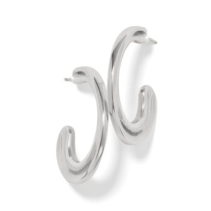Brighton hoop earrings with smooth curved silver-plated design and post backs on a white background