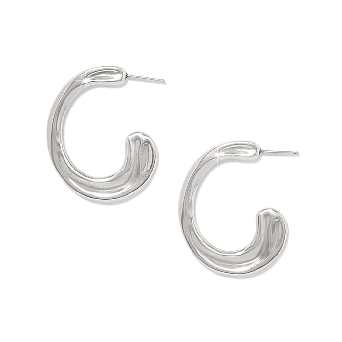 Brighton hoop earrings with smooth curved silver-plated design and post backs on a white background