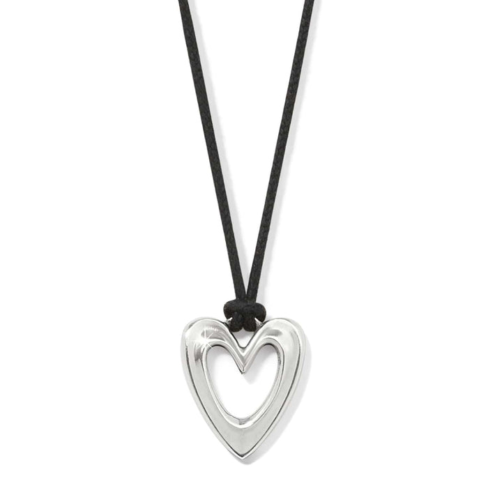 Brighton pendant necklace with silver-plated open heart on a black cord on a white background
