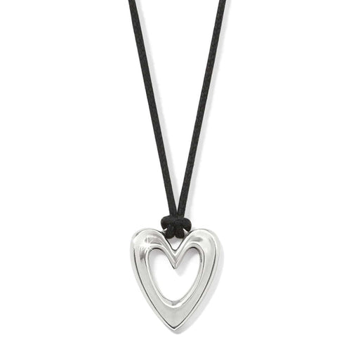 Brighton pendant necklace with silver-plated open heart on a black cord on a white background