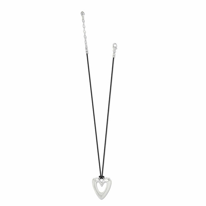 Brighton pendant necklace with silver-plated open heart on black cord with extender chain on a white background