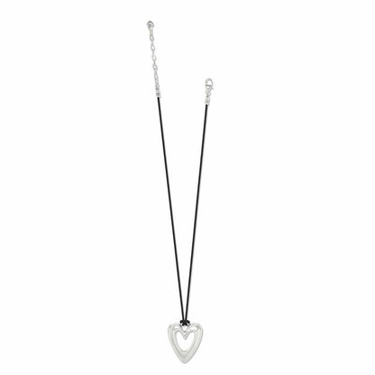 Brighton pendant necklace with silver-plated open heart on black cord with extender chain on a white background