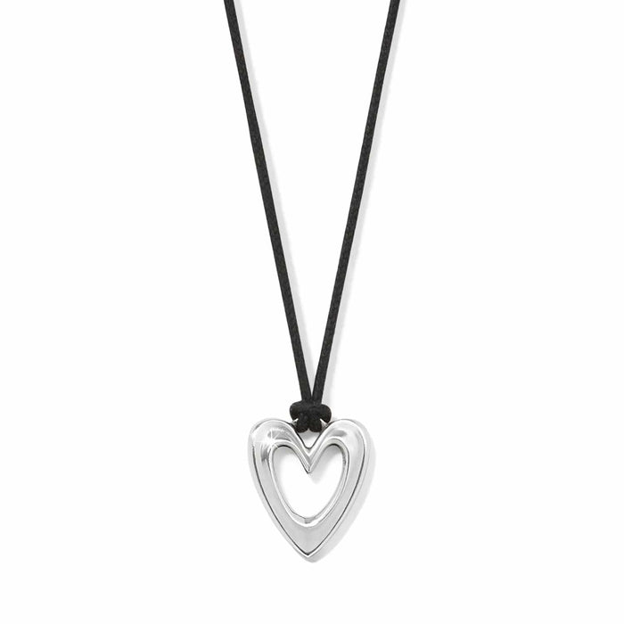 Brighton pendant necklace with silver-plated open heart on black cord with knot detail on a white background