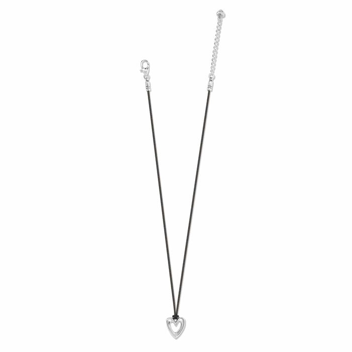 Brighton pendant necklace with black cord, silver-plated open heart pendant, and adjustable extender chain on a white background