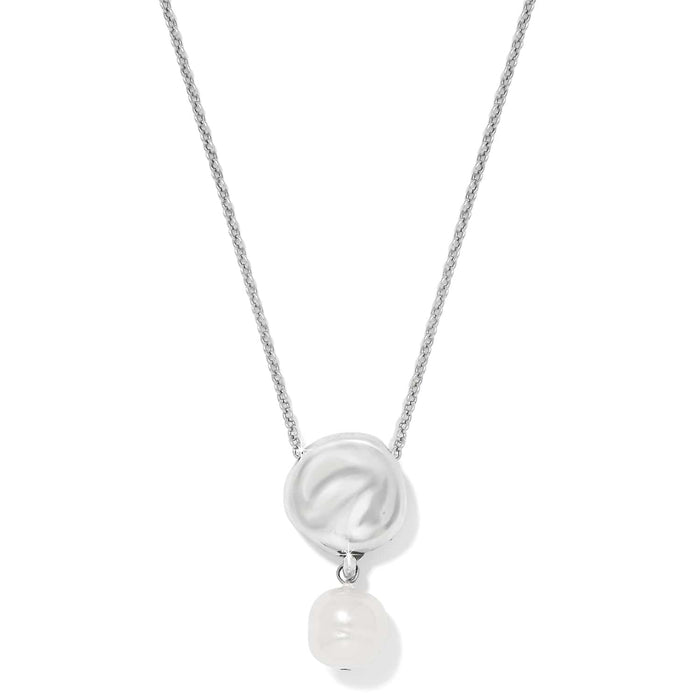 Brighton pendant necklace with silver-tone baroque glass pearl and dangling pearl drop on a white background