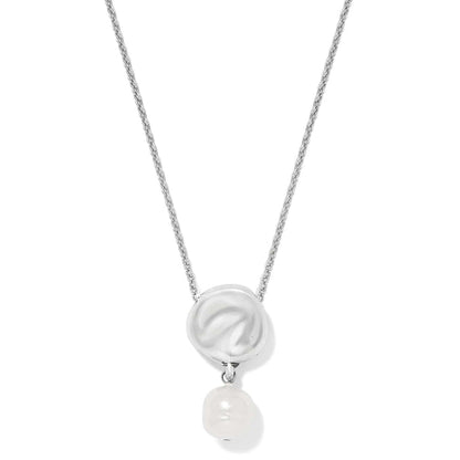 Brighton pendant necklace with silver-tone baroque glass pearl and dangling pearl drop on a white background