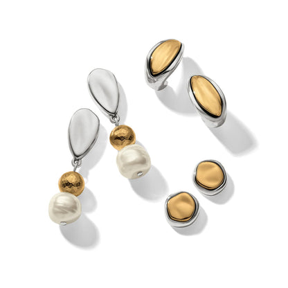 Brighton three pairs of earrings featuring pearl drops, gold-tone marquise shapes, and two-tone pebble studs on a white background