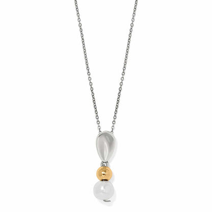 Brighton pendant necklace with silver-tone teardrop, hammered gold-tone bead, and Baroque glass pearl on a white background