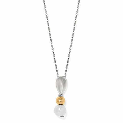 Brighton pendant necklace with silver-tone teardrop, hammered gold-tone bead, and Baroque glass pearl on a white background