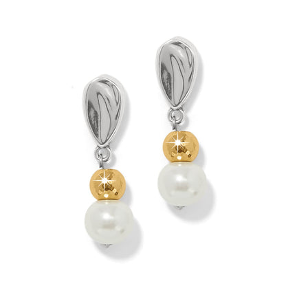 Brighton drop earrings with silver-tone posts, hammered gold-tone beads, and Barque glass pearls on a white background