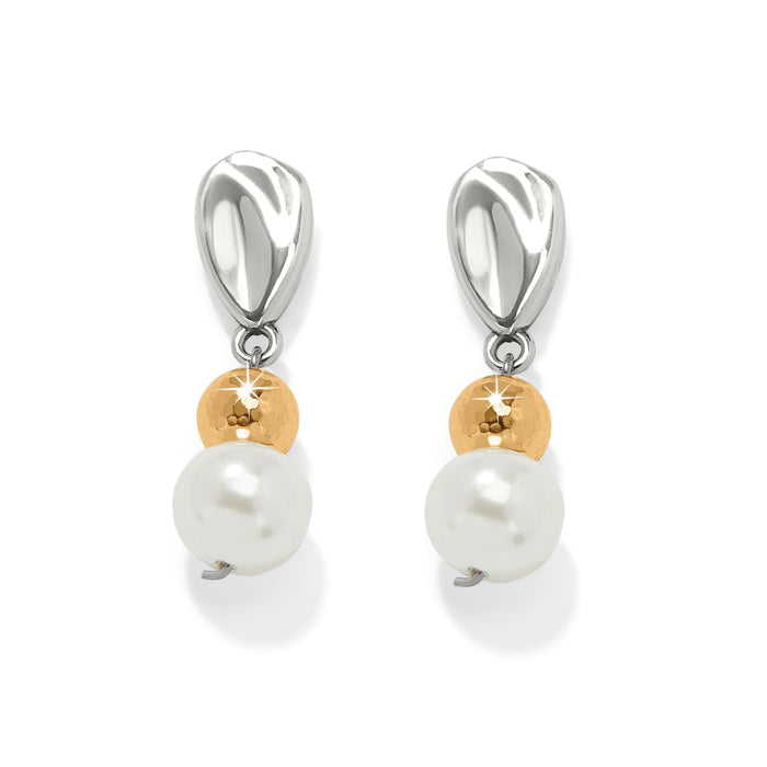 Brighton drop earrings with silver-tone posts, hammered gold-tone beads, and Baroque glass pearls on a white background
