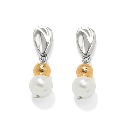 Brighton drop earrings with silver-tone posts, hammered gold-tone beads, and Baroque glass pearls on a white background