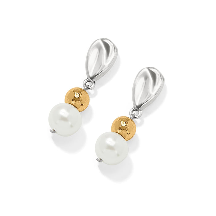Brighton drop earrings with barque glass pearls, hammered gold-tone beads, and silver-tone tops on a white background