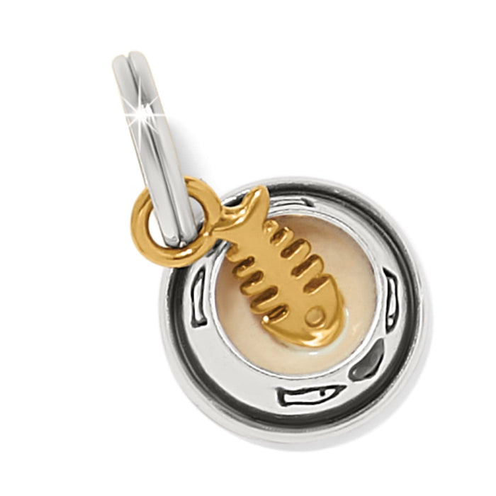 Brighton charm featuring a silver-tone cat food bowl with a gold-tone fish bone accent on a white background
