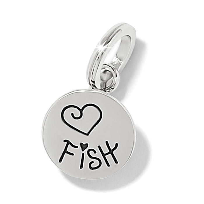 Brighton round charm with engraved heart and Fish text in two-tone finish on a white background