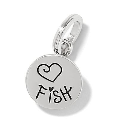Brighton round charm with engraved heart and Fish text in two-tone finish on a white background