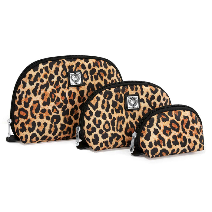 Brighton three-piece pouch set in leopard print with black zippers and silver-tone heart emblems on a white background