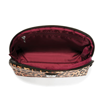 Brighton leopard print cosmetic bag shown open with burgundy satin lining and interior zip pocket on a white background