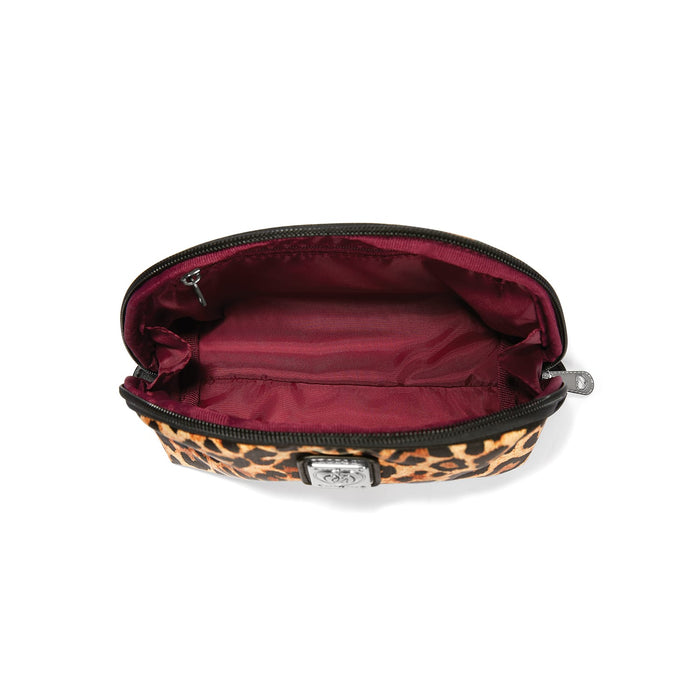 Brighton leopard print pouch shown open with burgundy fabric interior lining and zip closure on a white background
