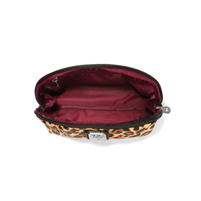 Brighton leopard print pouch shown open with burgundy fabric interior lining and zip closure on a white background