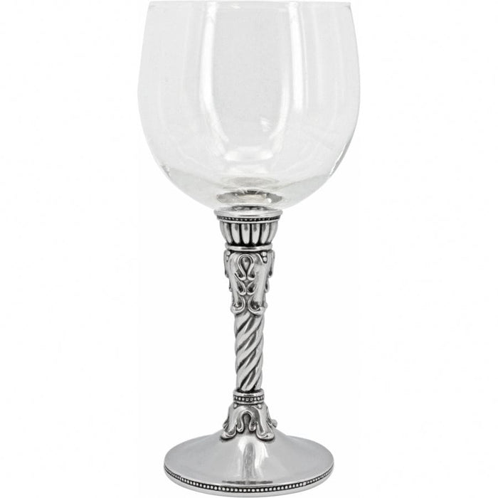 Brighton wine glass with ornate chrome stem featuring twisted column and beaded base on a white background
