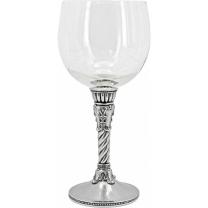 Brighton wine glass with ornate chrome stem featuring twisted column and beaded base on a white background