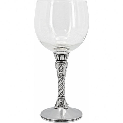 Brighton wine glass with ornate chrome stem featuring twisted column and beaded base on a white background